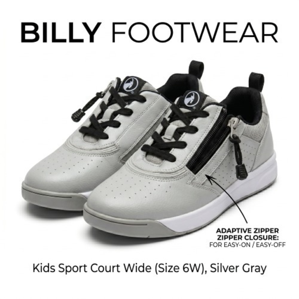 BILLY Footwear Kids Sport Court Wide Size 6W Silver Gray Adaptive Shoes Zipper